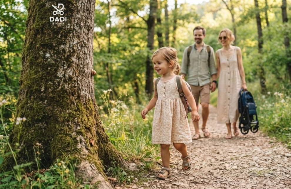 Samodzielne odkrywanie świata: trzyletnia dziewczynka idzie pieszo przez las, z rodzicami niosącymi złożony wózek jako plan awaryjny.